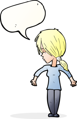 Bir insan tarafından çizilmiş konuşma baloncuğuyla omuz silken çizgi film kadını.