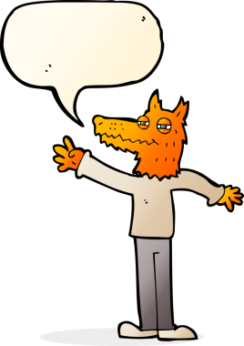 Bir insan tarafından çizilmiş konuşma balonlu tilki sallayan çizgi film.