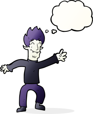 Bir insan tarafından çizilmiş düşünce balonlu mutlu vampir adam çizgi filmi.