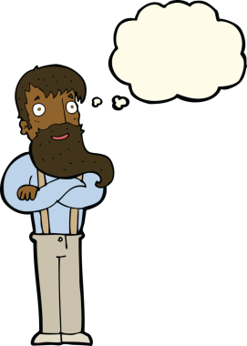 Bir insan tarafından çizilmiş düşünce balonlu sakallı hippi adam.