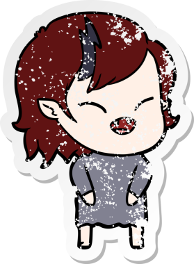 Bir insan tarafından çizilmiş gülen vampir kız çizgi filminin sıkıntılı çıkartması.