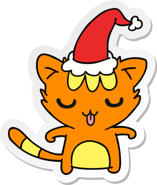 Bir insan tarafından çizilmiş kawaii kedisinin el çizimi Noel çıkartması.