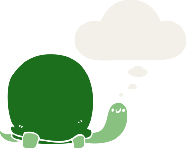 Düşünce baloncuğu olan sevimli bir karikatür kaplumbağası insan tarafından çizilmiş.