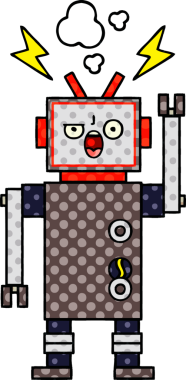 Bir insan tarafından çizilmiş bozuk bir robotun çizgi romanı.