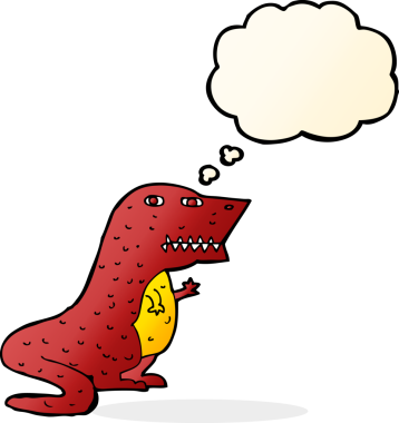 Bir insan tarafından çizilmiş düşünce baloncuklu bir dinozor.