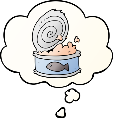 Bir insan tarafından çizilmiş, düşünce baloncuklu karikatür konserveleri.