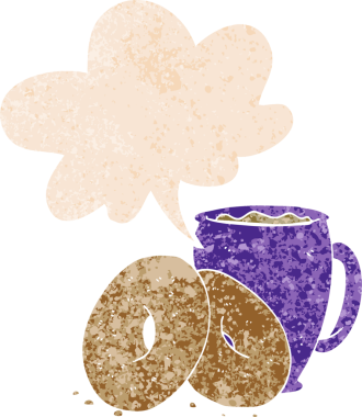 Bir insan tarafından çizilmiş grunge dertli retro tarzı konuşma balonlu çizgi film kahveyi ve çörekleri