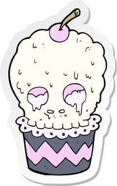 Bir insan tarafından çizilmiş ürkütücü kafataslı kek etiketi.