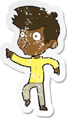 Bir insan tarafından çizilen çizgi film karakterinin gerilimli retro çıkartması.