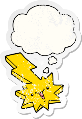 Düşünce baloncuğu olan karikatür yıldırımı bir insan tarafından çizilmiş yıpranmış bir çıkartma gibi.