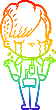 Gökkuşağı gradyan çizgi çizimi bir insan tarafından çizilmiş uzay giysileri giyen ağlayan bir kız çizimi