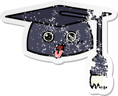 Bir insan tarafından çizilmiş şirin bir çizgi film mezuniyet şapkasının sıkıntılı çıkartması.