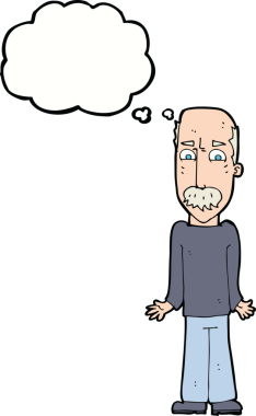 Çizgi filmdeki baba, bir insan tarafından çizilmiş düşünce balonuyla omuz silkiyor.