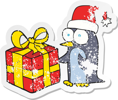 Bir insan tarafından çizilmiş bir karikatür noel pengueninin gerilimli yapıştırması.