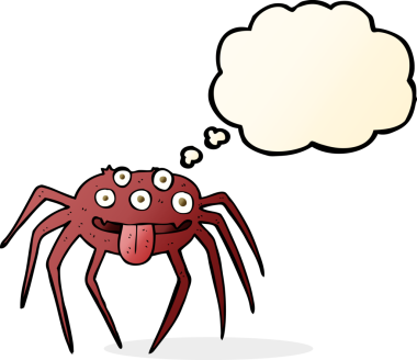 Bir insan tarafından çizilmiş düşünce baloncuklu iğrenç cadılar bayramı örümceği.