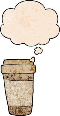 Bir insan tarafından çizilmiş grunge desenli düşünce baloncuklu çizgi film kahve fincanı.