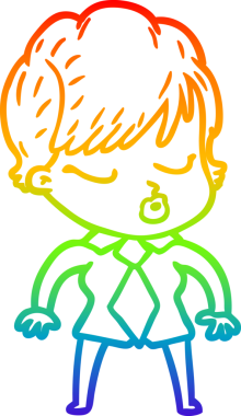 Gökkuşağı gradyan çizgi çizimi bir insan tarafından çizilmiş gözleri olan bir karikatür kadın