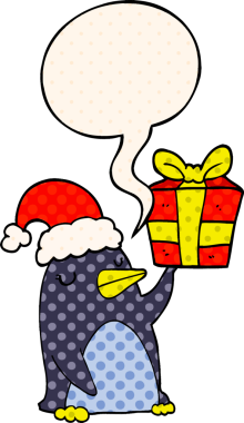 Çizgi roman tarzında bir insan tarafından çizilmiş konuşma baloncuğu ile noel hediyeli penguen çizgi filmi