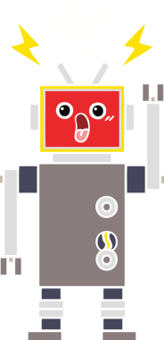 Bir insan tarafından çizilen robot arızasının düz renk retro karikatürü