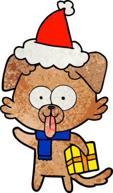 Bir insan tarafından çizilmiş Noel Baba şapkası giymiş bir köpeğin el çizimi karikatürü.