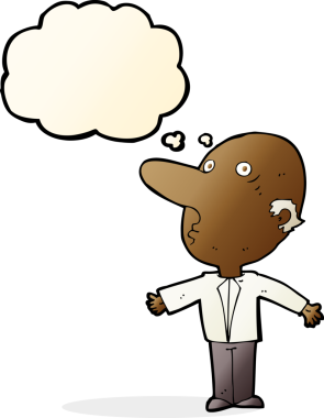 Bir insan tarafından çizilmiş düşünce baloncuğuyla kafası karışmış orta yaşlı bir adam.