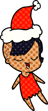 Bir insan tarafından çizilmiş Noel Baba şapkası giyen bir kızın çizilmiş mutlu el çizimi çizgi roman tasviri.