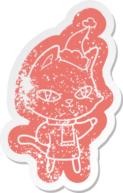 Bir insan tarafından çizilmiş Noel Baba şapkası takan bir kedinin garip bir karikatürü.