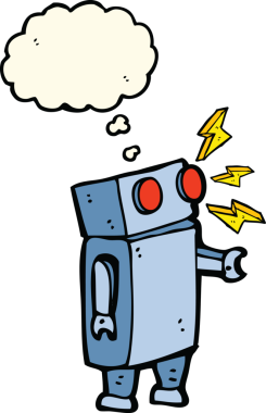 Bir insan tarafından çizilmiş düşünce baloncuklu çizgi film robotu