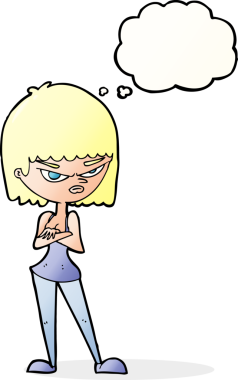 Bir insan tarafından çizilmiş düşünce baloncuğu olan kızgın bir kadın.