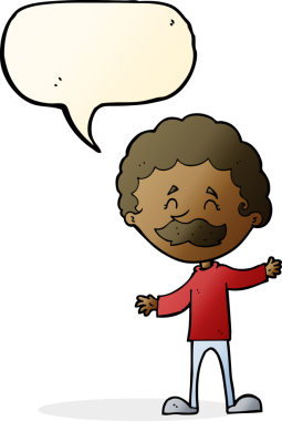 Bir insan tarafından çizilmiş konuşma balonlu bıyıklı mutlu adam çizgi filmi.