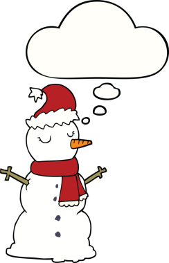 Bir insan tarafından çizilmiş düşünce balonlu kardan adam.