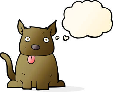 Bir insan tarafından çizilmiş düşünce baloncuğuyla dilini dışarı çıkaran çizgi film köpeği.