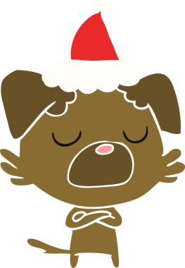 Bir insan tarafından çizilmiş Noel Baba şapkası takan bir köpeğin düz renkli çizimi.