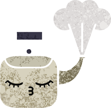 Bir insan tarafından çizilen dumanı tüten bir çaydanlığın retro çizim tarzı karikatürü