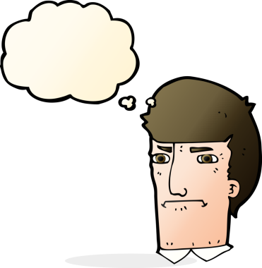 Bir insan tarafından çizilmiş düşünce baloncuğuyla gözlerini kısarak bakan çizgi film adamı.