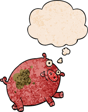 Bir insan tarafından çizilmiş grunge desenli düşünce baloncuklu çizgi film domuzu.