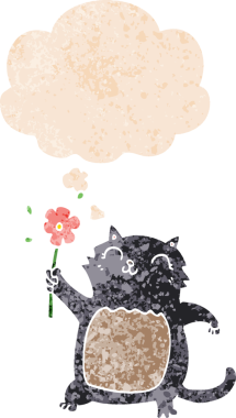 Çiçekli çizgi film kedisi. Düşünce baloncuğu ve grunge dertli eski moda bir insan tarafından çizilmiş.
