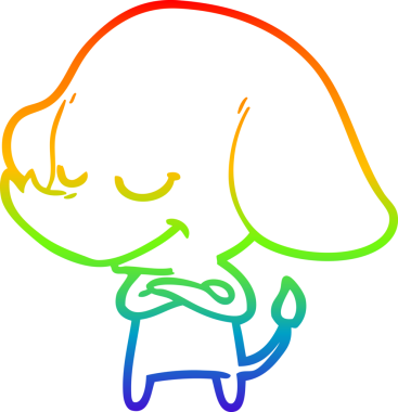 Bir insan tarafından çapraz kollarla çizilmiş gülümseyen bir filin çizgi çizimi.