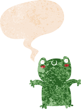 grunge 'da konuşma baloncuğu olan karikatür kurbağası bir insan tarafından çizilmiş dertli retro stil.