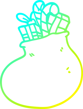 Soğuk gradyan çizgisi bir insan tarafından çizilmiş bir karikatür çanta dolusu Noel hediyesi.