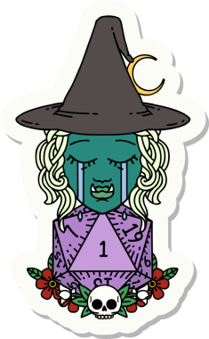 Hüzünlü bir yarı ork cadı karakterinin çıkartması. Bir insan tarafından çizilmiş doğal bir D20 rulosu.