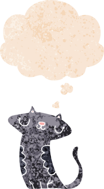 grunge 'da düşünce baloncuğu olan çizgi film kedisi bir insan tarafından çizilmiş dertli retro desenli