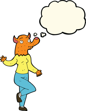 Bir insan tarafından çizilmiş düşünce balonlu dans eden tilki kadın.