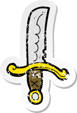 Bir insanın çizdiği karikatür kılıcının gerilimli retro çıkartması