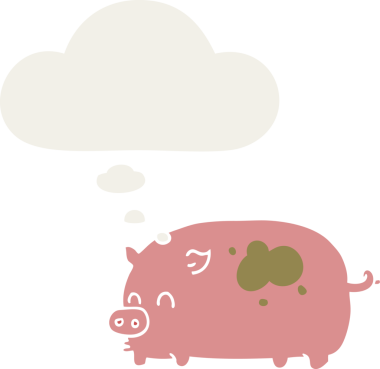 Bir insan tarafından çizilmiş düşünce baloncuklu şirin çizgi film domuzu.