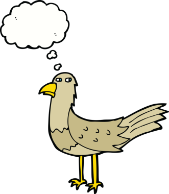 Bir insan tarafından çizilmiş düşünce baloncuklu çizgi film kuşu.