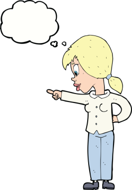 Bir insan tarafından çizilmiş düşünce balonunu işaret eden karikatürist hevesli kadın.