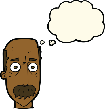 Bir insan tarafından çizilmiş düşünce baloncuklu bıyıklı çizgi film adamı.