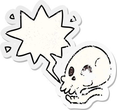 Konuşma baloncuğu olan bir kafatası, bir insan tarafından çizilmiş sıkıntılı eski bir çıkartma.