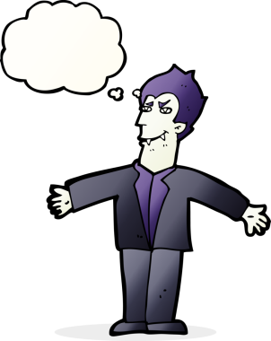 Bir insan tarafından çizilmiş düşünce balonuyla kollarını açmış vampir bir çizgi film karakteri.